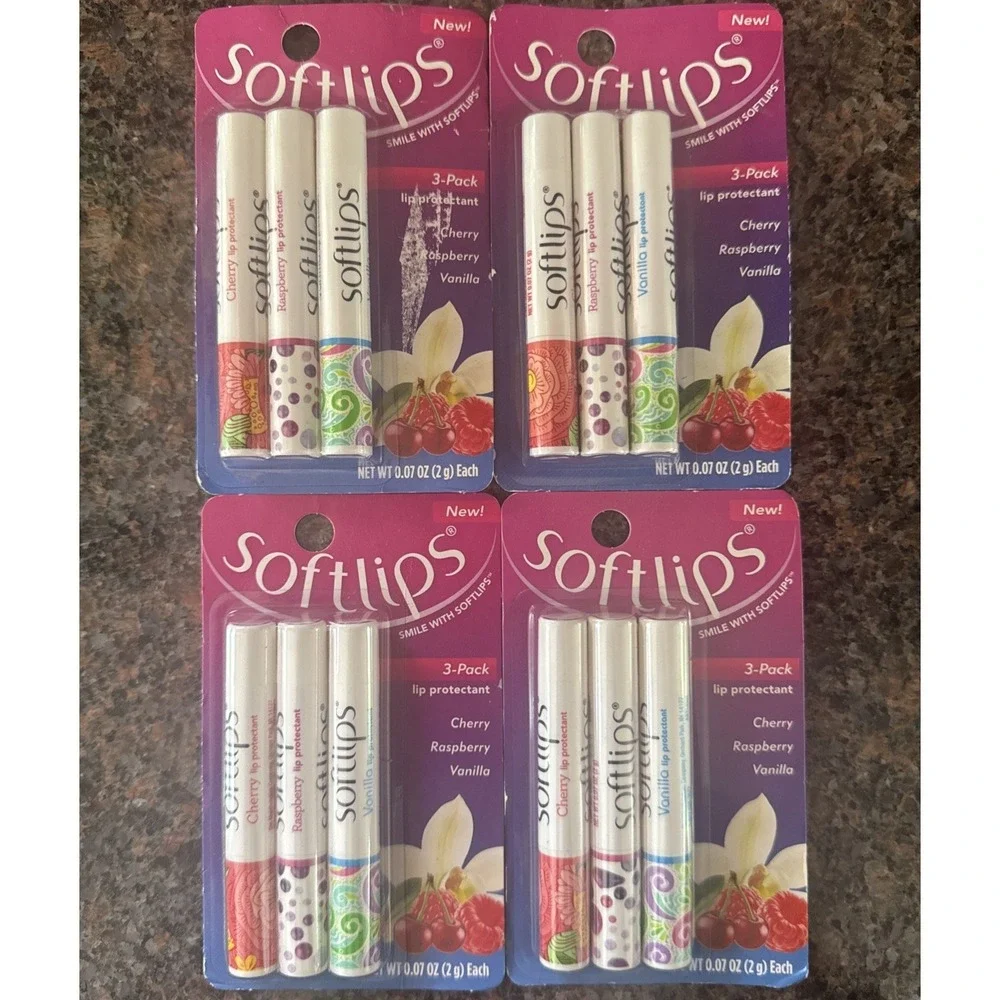 4‎ - 3 Packs Lip Balm Cherry, Raspberry, and Vanilla Soft Lips New READ